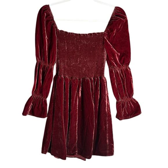 o.p.t. Sz XS Hasher Smocked Velvet Mini Dress Gathered Bell Sleeve Square Neck - Picture 5 of 15